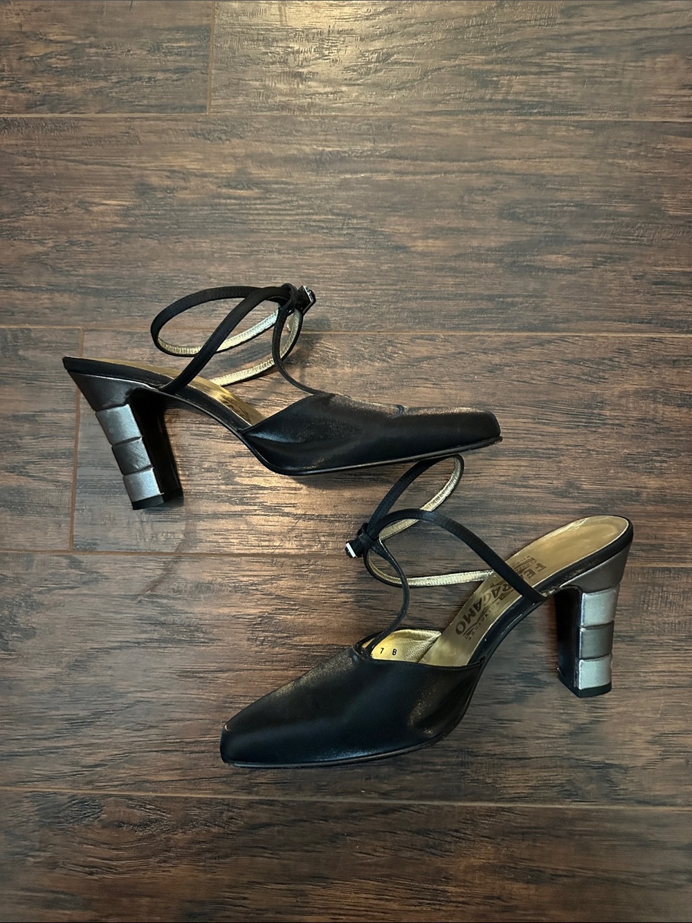 Salvatore Ferragamo Black Strappy Block Heel Pumps with Silver Accent